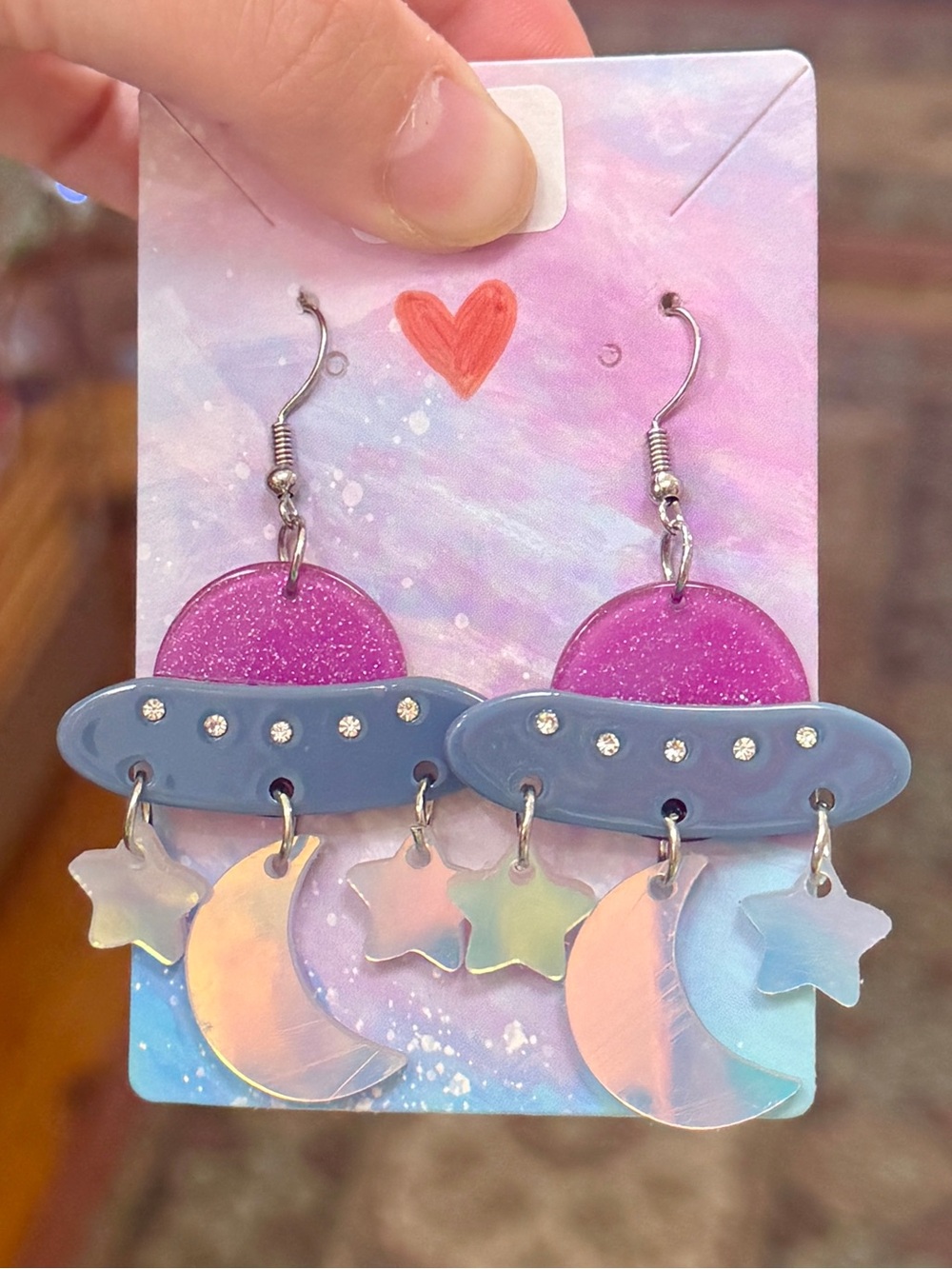 Handmade UFO Alien Earrings Moon Star Celestial Xfiles Purple Groovy Jewelry